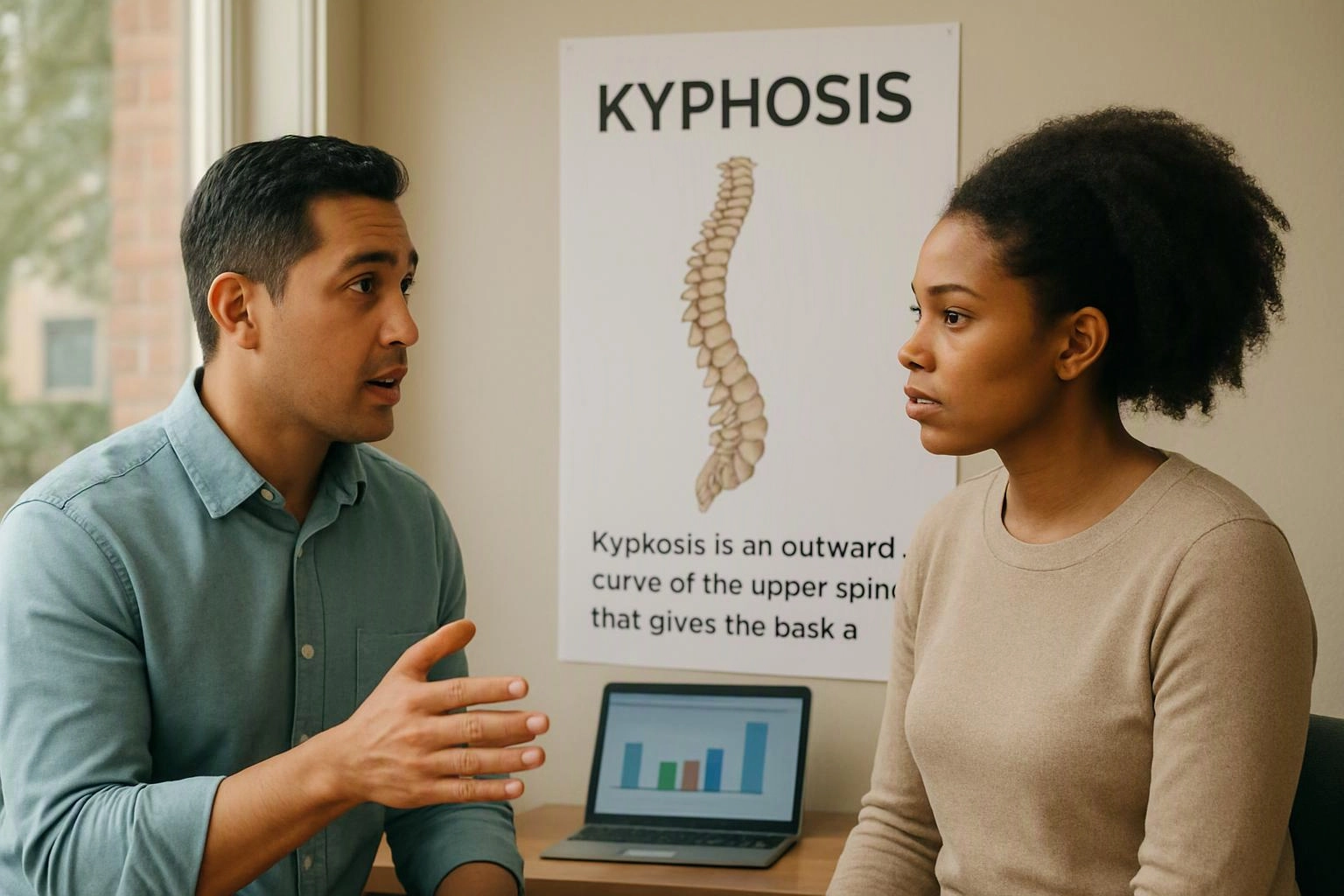 Two people talk beside a kyphosis poster, with a laptop showing a bar chart on the desk