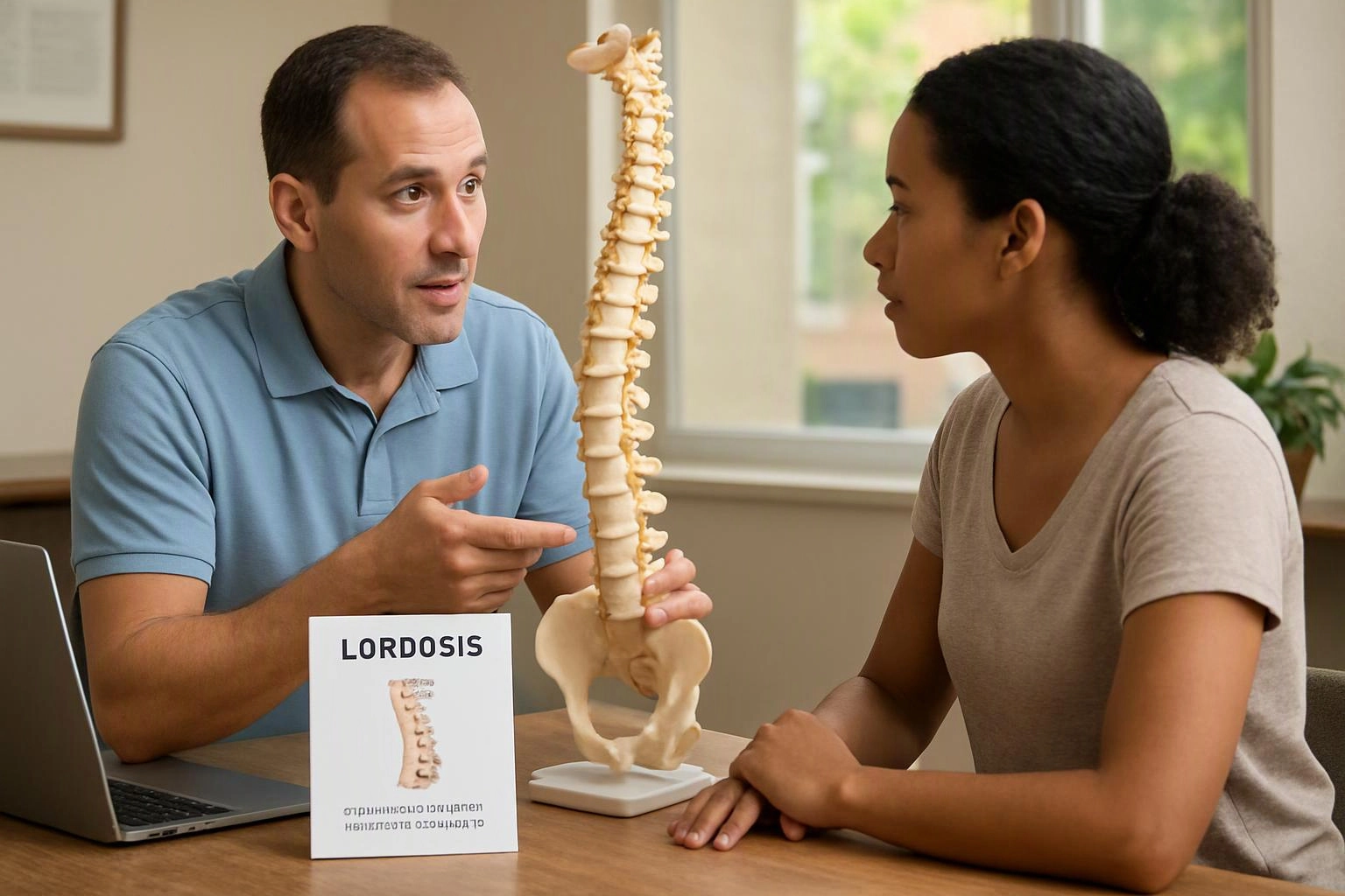 A man explains a spine model to a woman at a table with a booklet labeled "LORDOSIS"