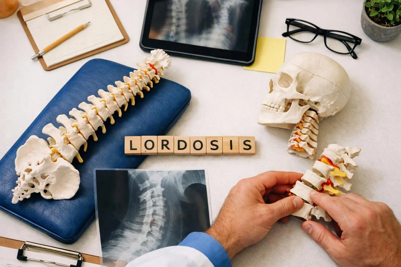 A doctor’s hands adjust a spine model beside a skull, X-ray films, and the word “LORDOSIS” on a desk