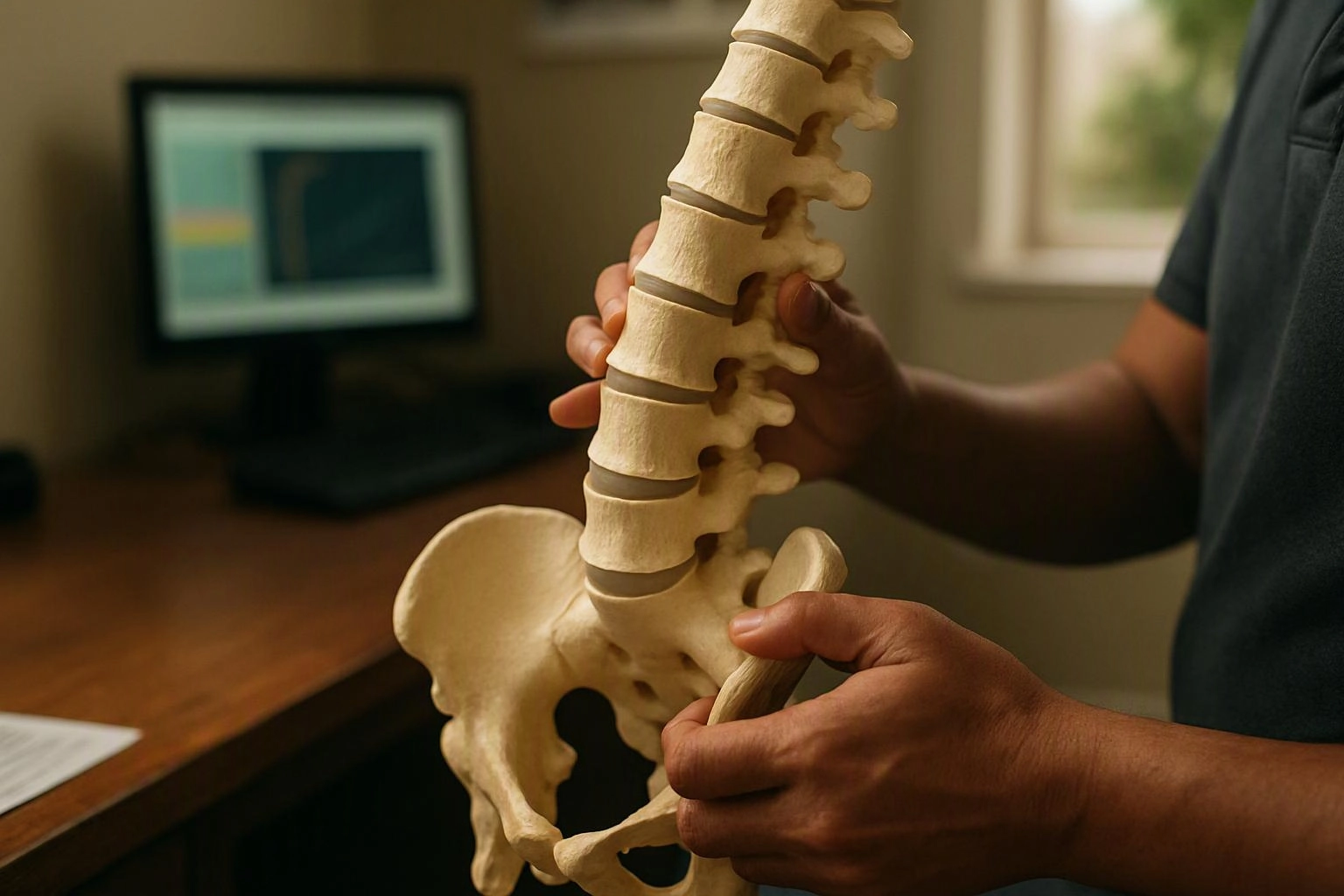 A person holds a spine and pelvis model beside a desk with a blurred computer monitor in the background