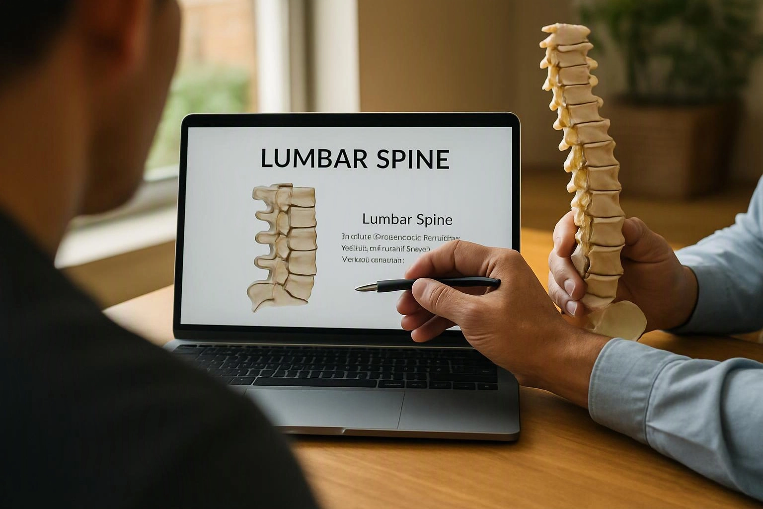 Two people review a laptop spine diagram while one holds a vertebra model and points with a pen