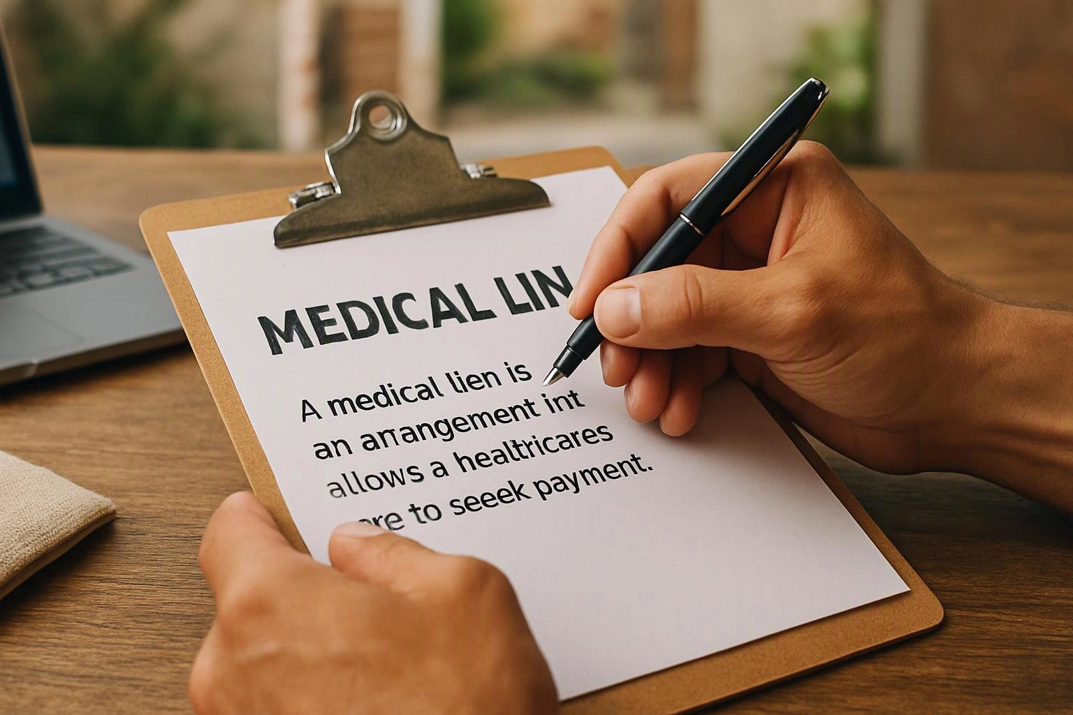 A hand holds a pen over a clipboard showing a medical lien document on a wooden desk