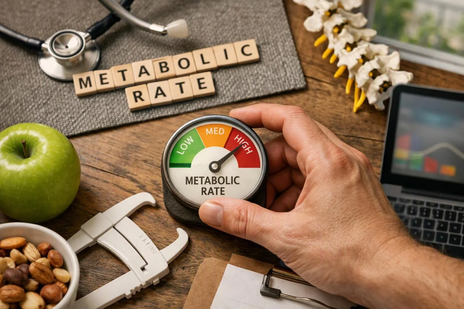 A hand holds a gauge labeled metabolic rate on a desk with an apple, nuts, stethoscope, and laptop