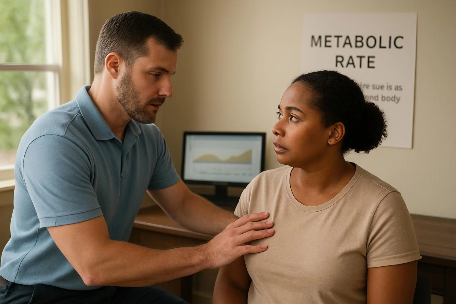 A man in a blue shirt places a hand on a woman’s shoulder in a medical office with a metabolic rate poster