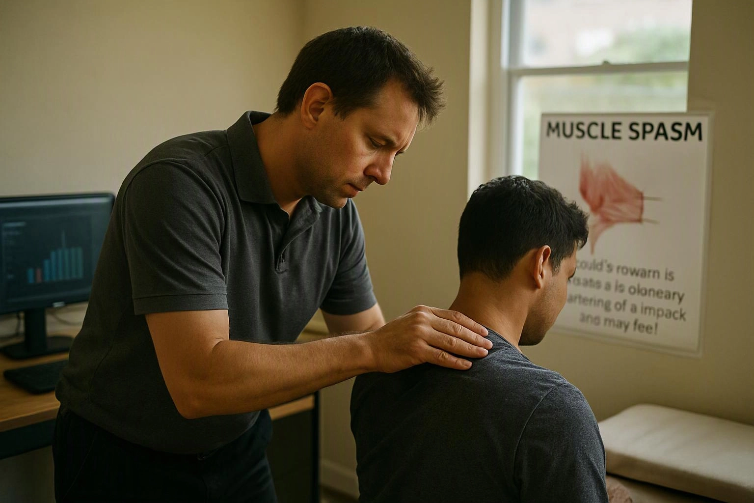 A man gently presses another man’s shoulder in a clinic room beside a muscle spasm poster