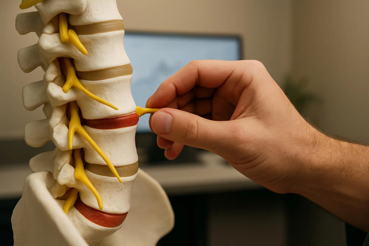 A hand points to a yellow nerve on a spine model in front of a blurred monitor