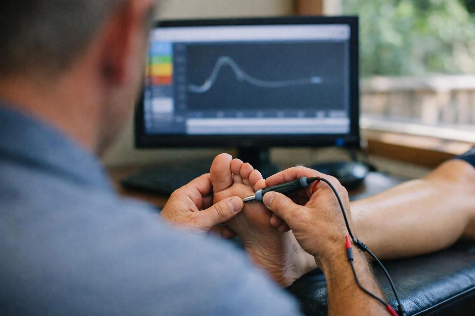 A person uses a handheld probe on another person’s foot while a monitor shows a waveform in the background