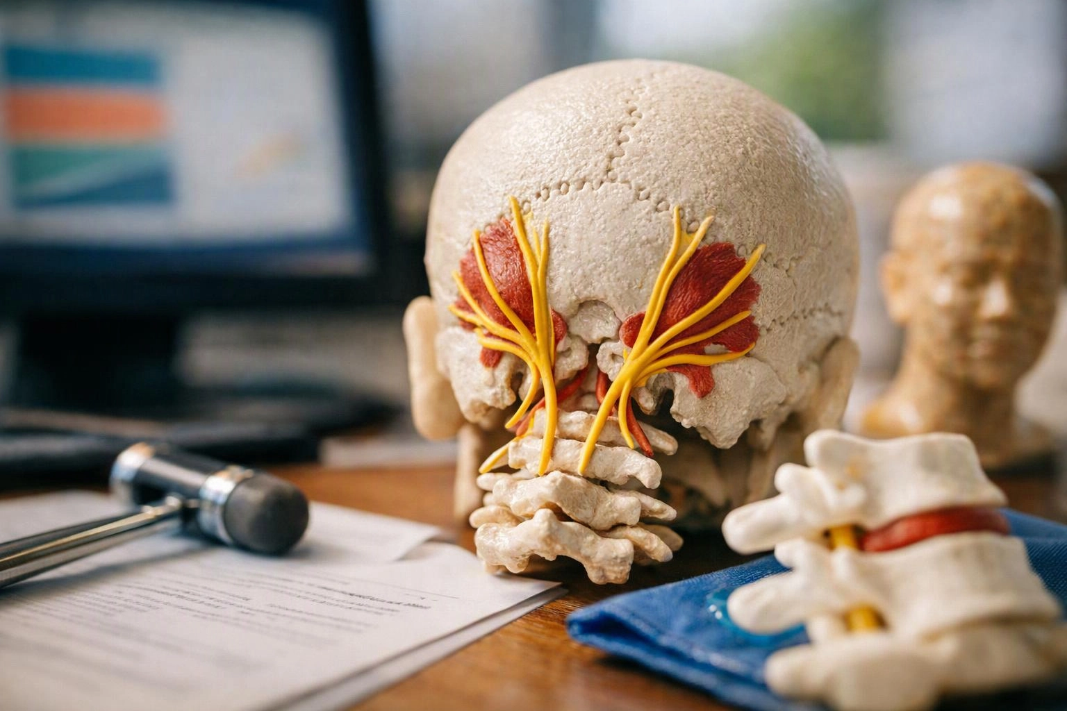 An anatomical skull model with yellow nerves sits on a desk beside a reflex hammer and spine models