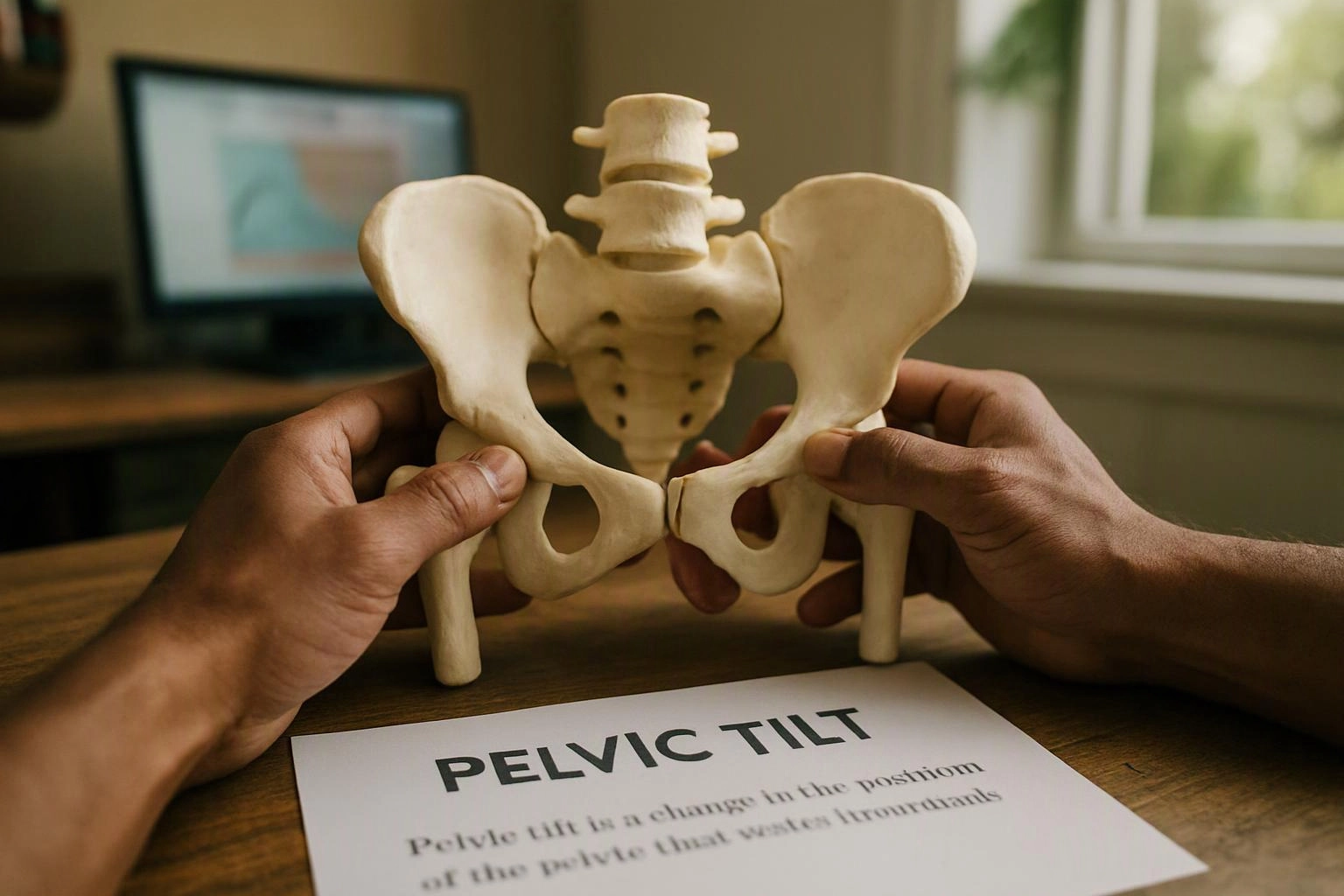 Hands hold a pelvic bone model above a desk, with a paper labeled “PELVIC TILT” in front