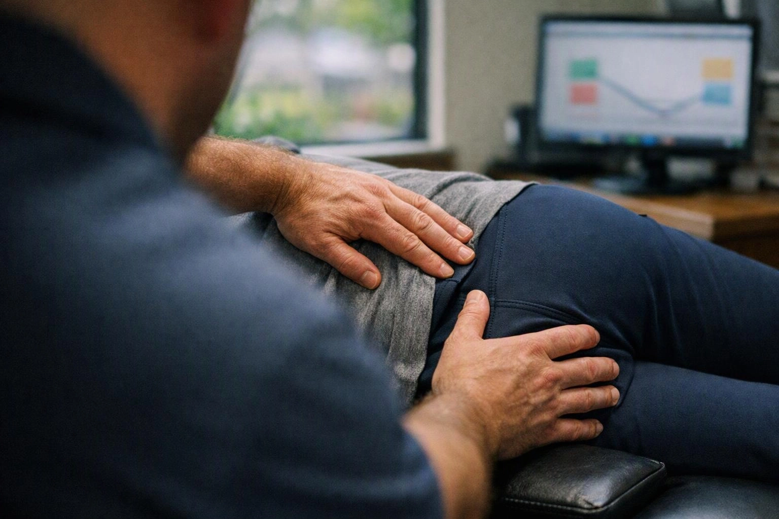 A therapist presses and holds a patient’s lower back during a treatment in a clinic office