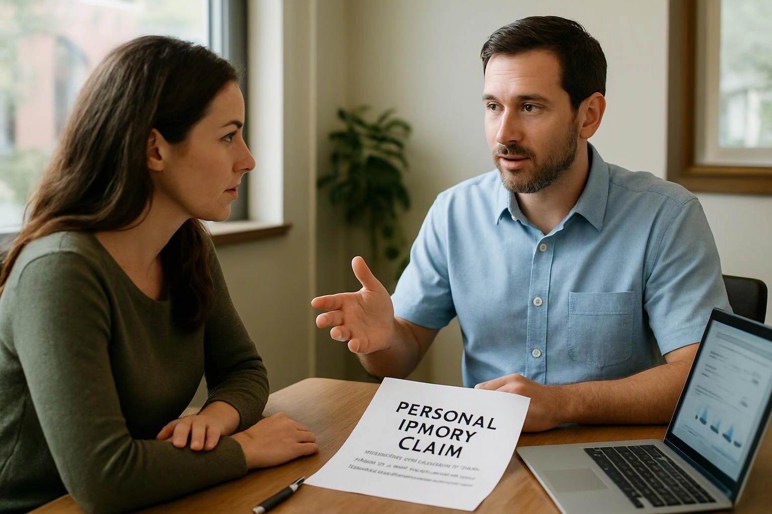 A man explains paperwork to a woman at a table, with a laptop and a form reading personal injury claim