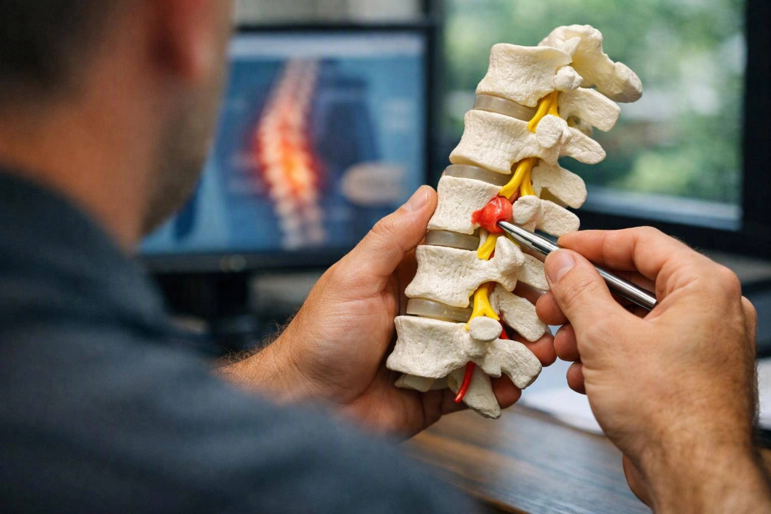 A person holds a spine model and points at a red spot with a pen in an office setting