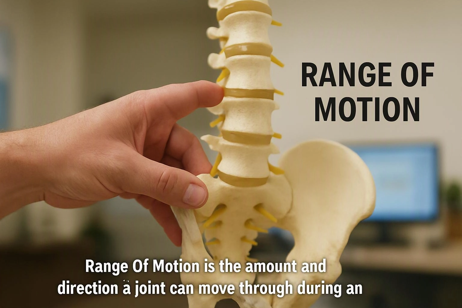A hand points to a spine model beside the words “RANGE OF MOTION” in a clinical setting