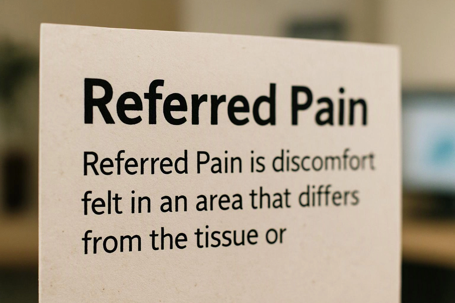 A white card shows the bold title “Referred Pain” with a short definition beneath it