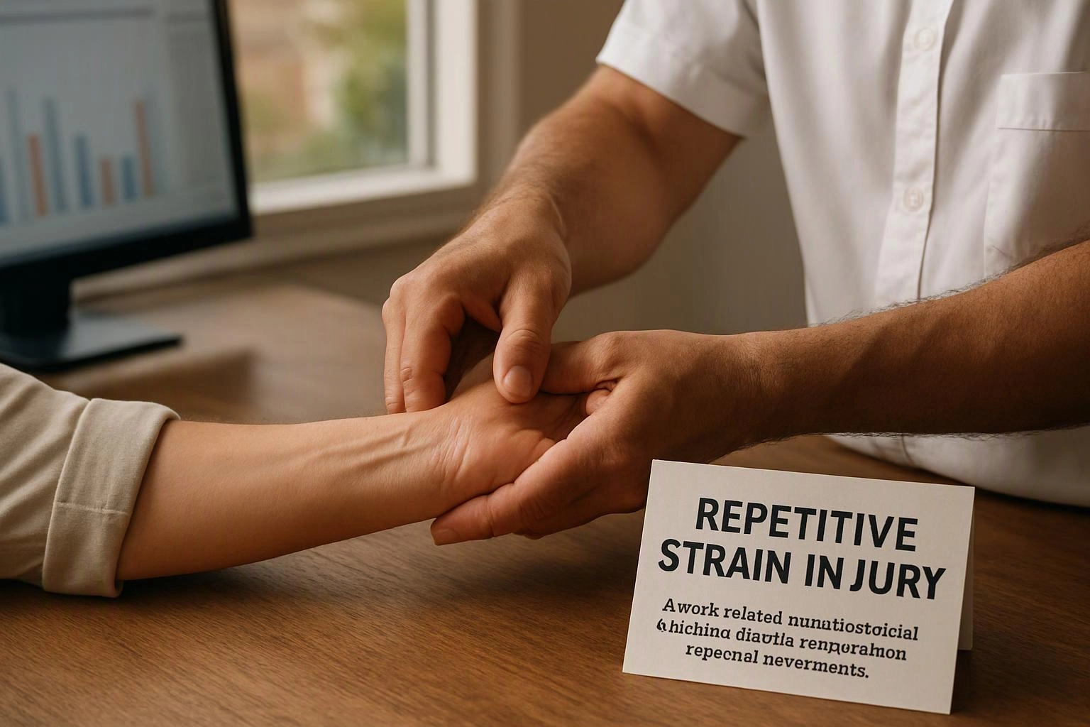 A person massages another person’s wrist at a desk, with a chart monitor and a printed card nearby