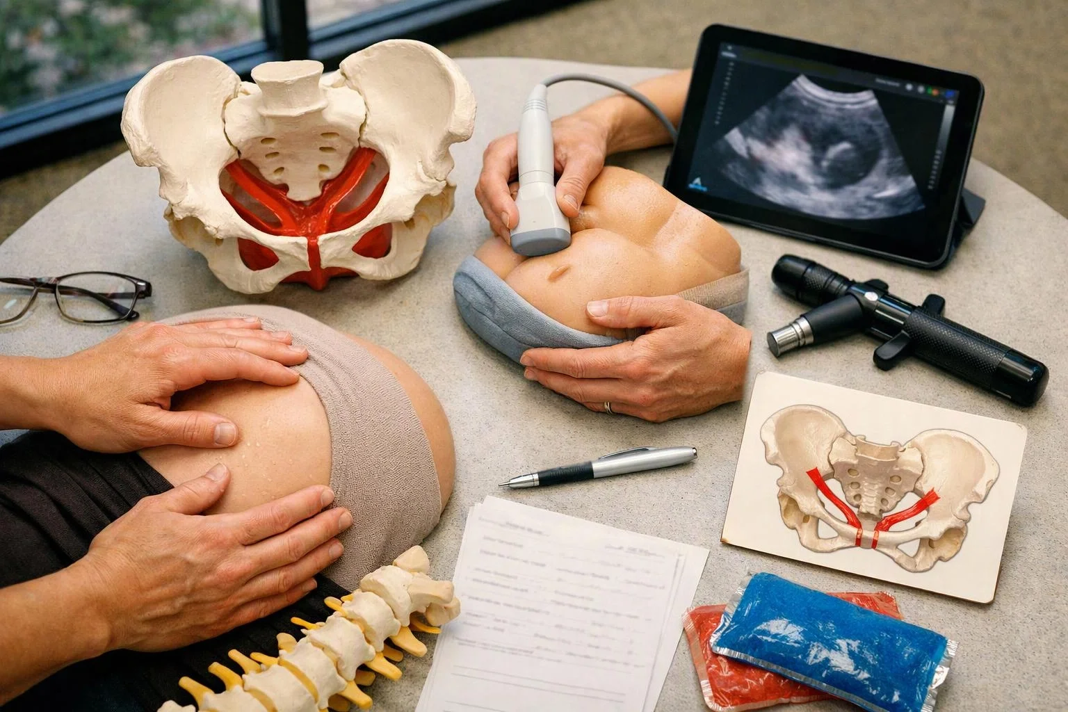 Hands examine a pregnant belly model beside a pelvic bone model, tablet ultrasound screen, and medical tools on a table