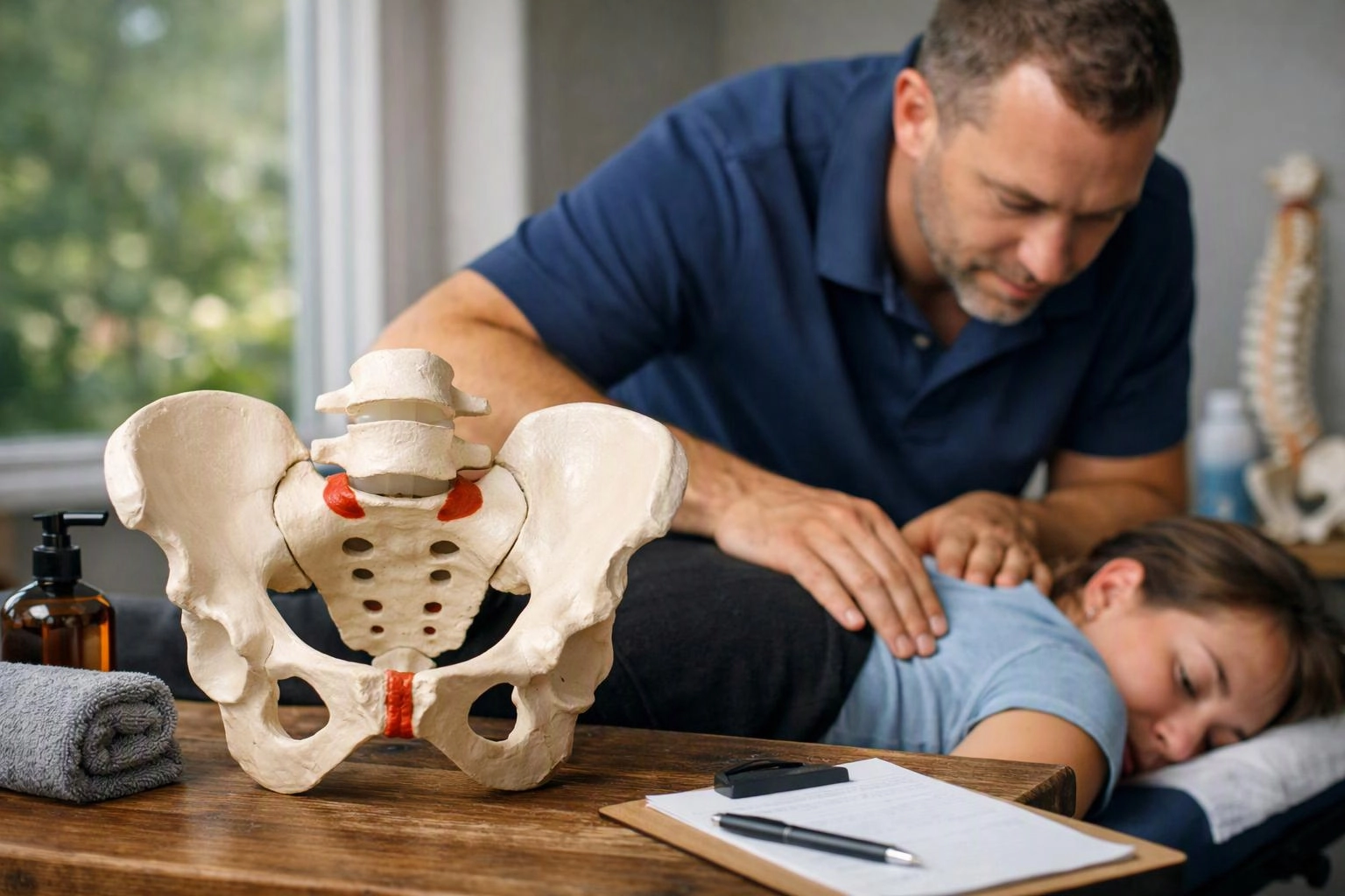 A man presses on a woman's back in a treatment room, with a pelvis model and clipboard on the table