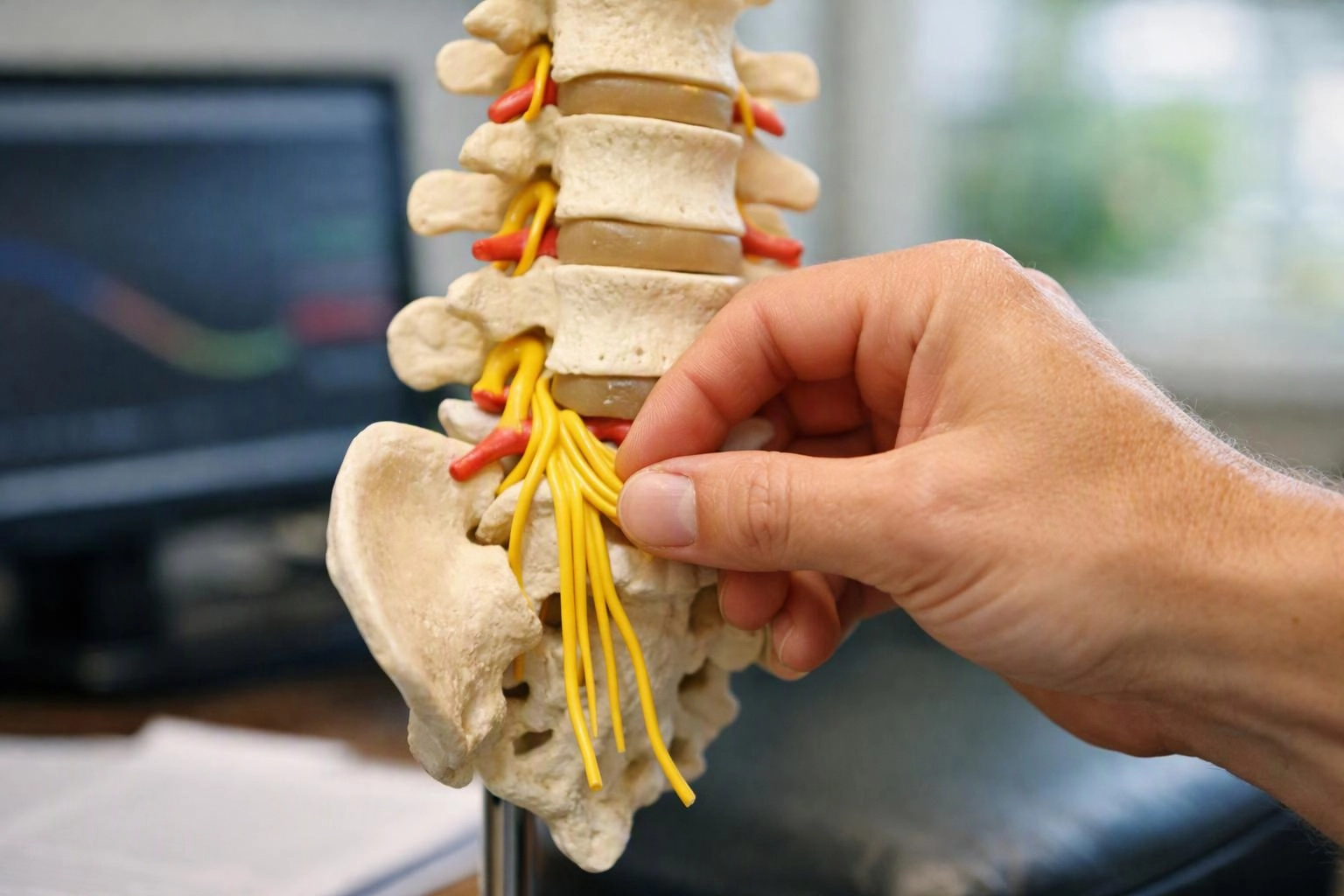A hand points to yellow nerve strands on a spine model in a clinical office setting