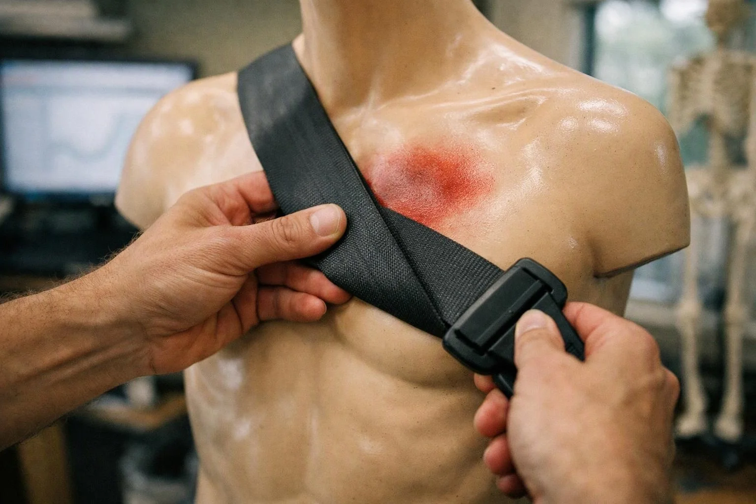 Hands tighten a black strap across a glossy mannequin torso with a red chest mark indoors