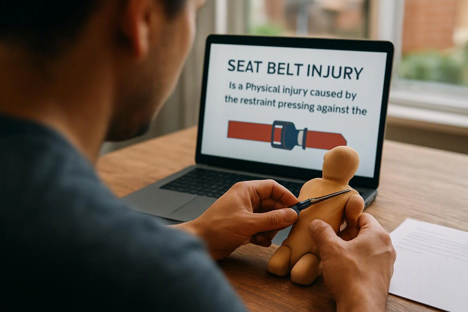 A person holds a small figure while a laptop shows a seat belt injury diagram on a desk
