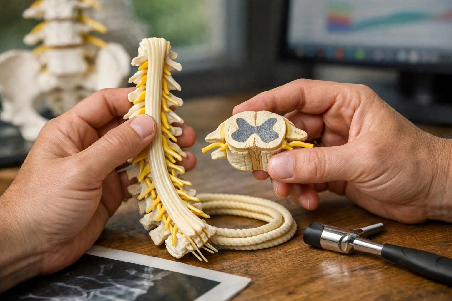 Hands hold a spine model and a vertebra piece over a desk beside an X-ray and a reflex hammer