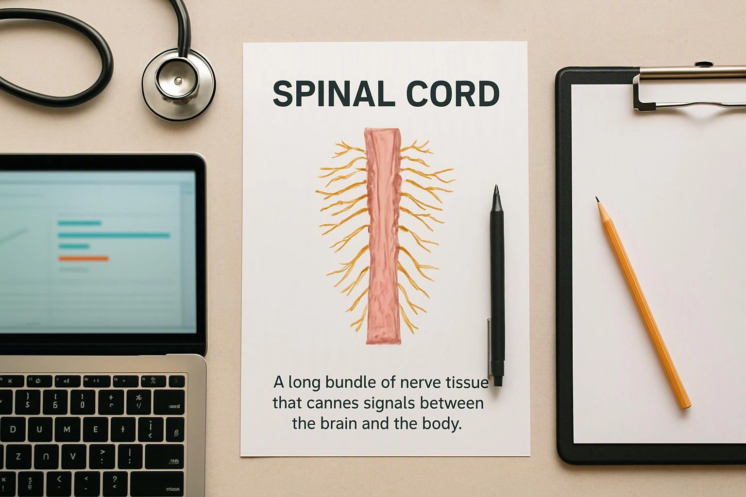 A desk shows a spinal cord poster, a laptop, a stethoscope, and a clipboard with pencil