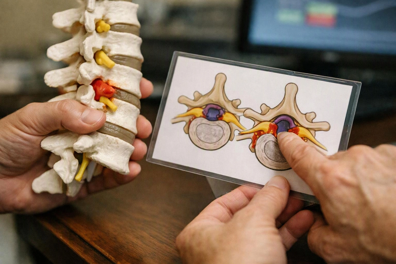 Hands compare a spine model with a diagram showing a painful disc on a table