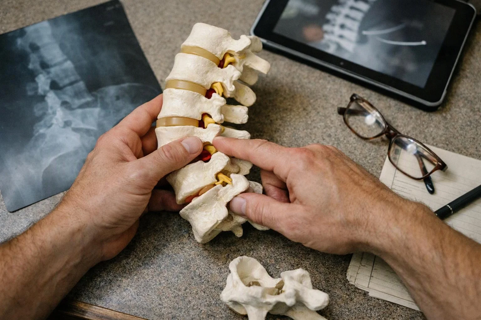 Hands examine a spine model beside X-ray films, glasses, a tablet, and a notebook on a desk