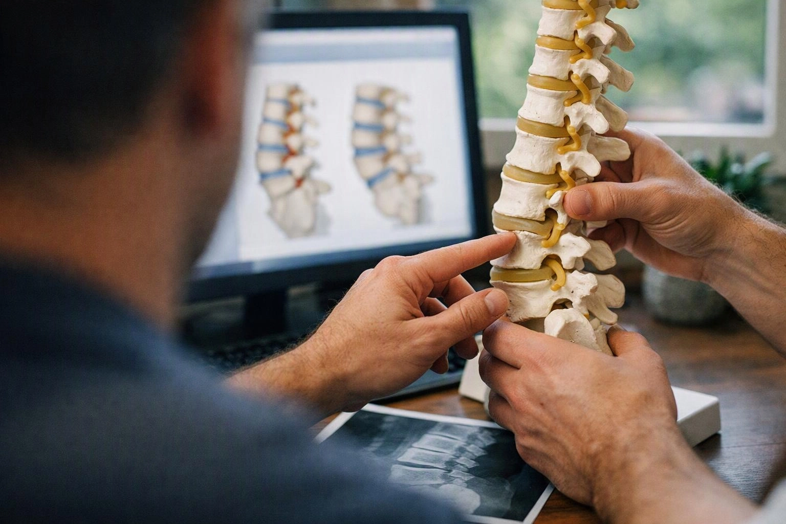 A person points at a spine model beside a computer showing spine diagrams in a bright office