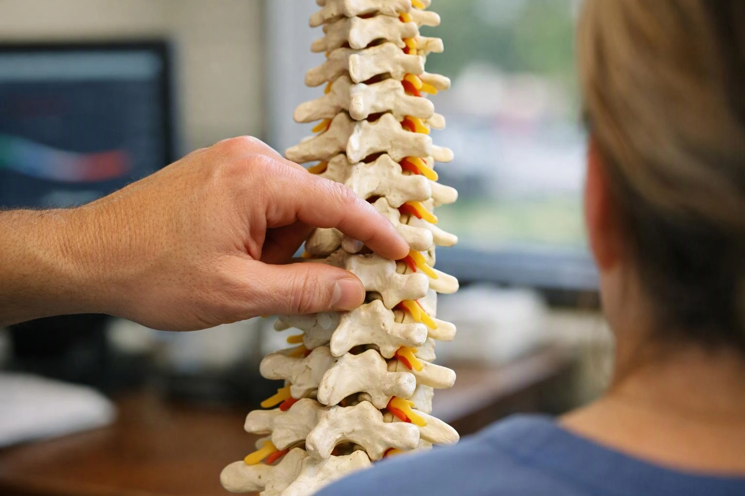 A hand points to a spine model while a person watches in a clinic room