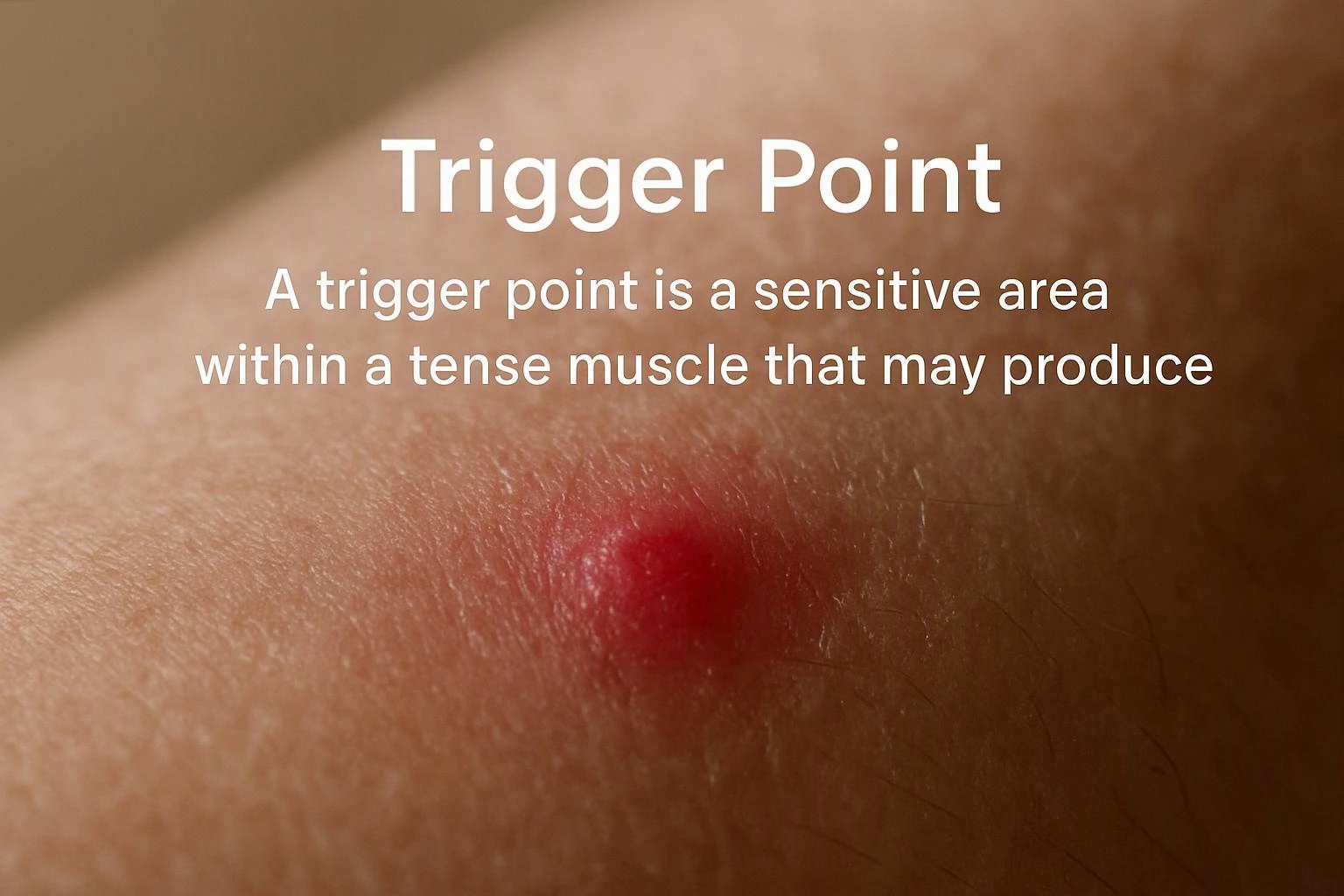 Close-up of skin with a red raised bump, overlaid with the text “Trigger Point” and a short definition