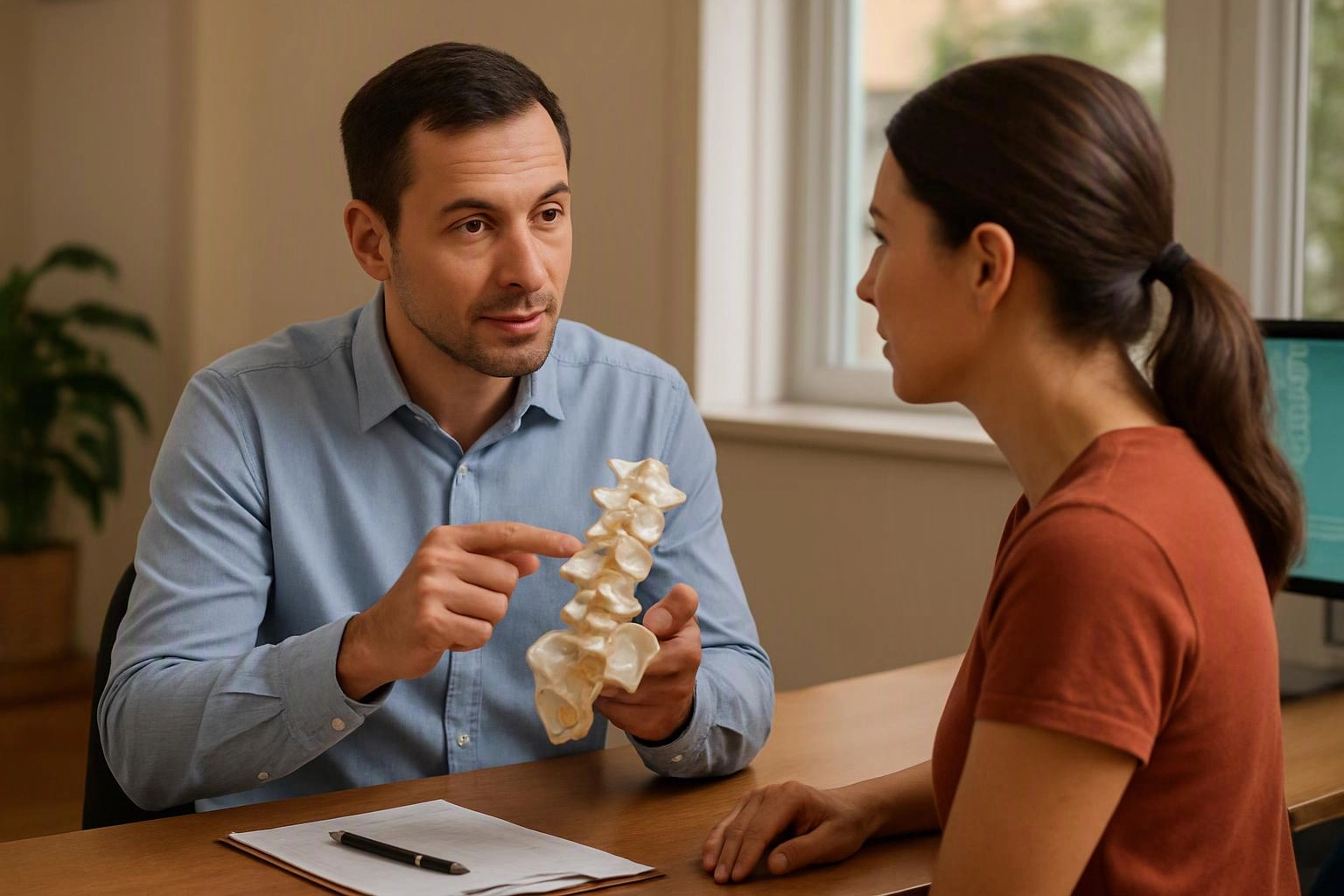 A man in a blue shirt shows a spine model to a seated woman across a desk in a bright office