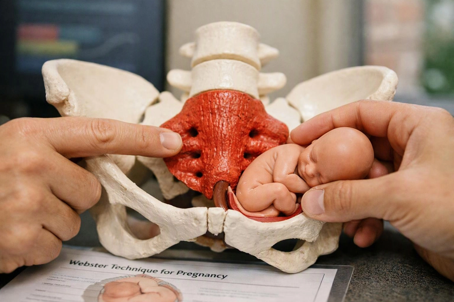 Hands hold a pelvis model with a baby figure inside, beside a paper labeled “Webster Technique for Pregnancy”