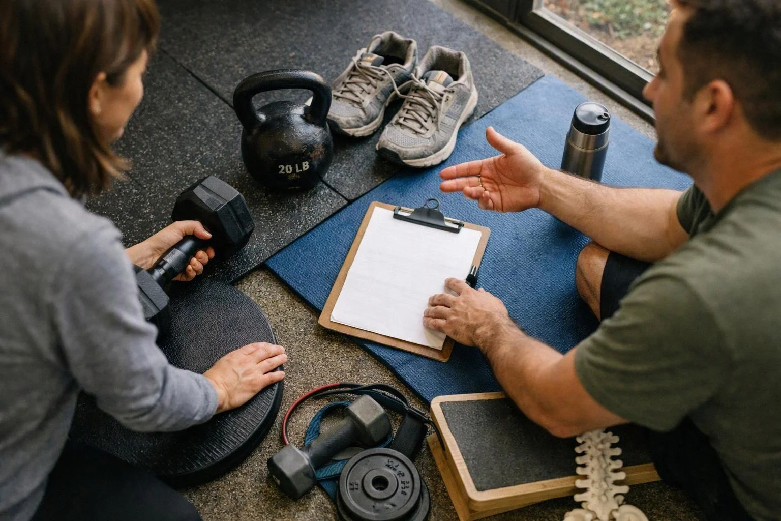 Two people sit on exercise mats with weights and a clipboard, talking in a gym-like room by a window