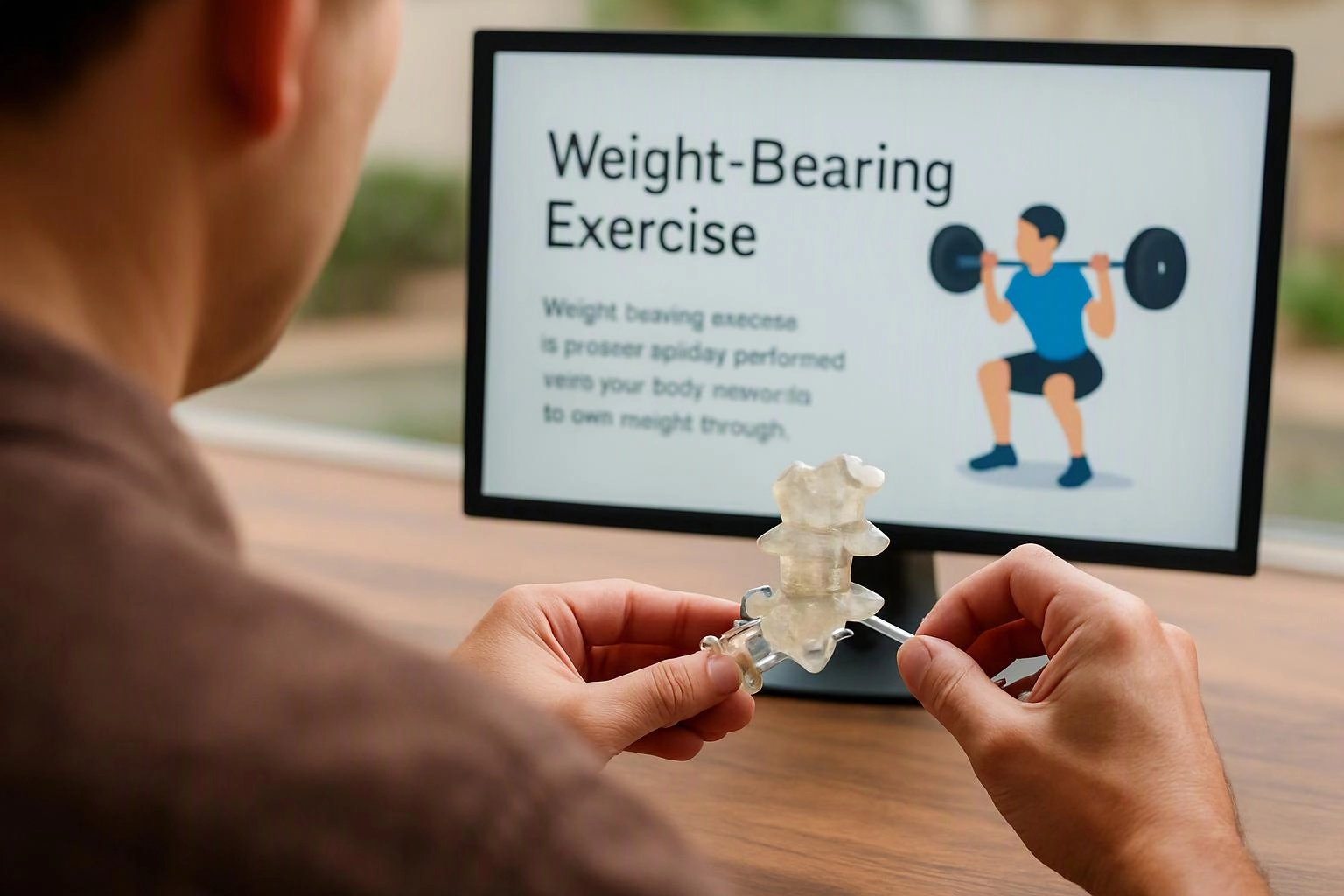 A person holds a spine model while a monitor shows a weight-bearing exercise slide with a weightlifter illustration