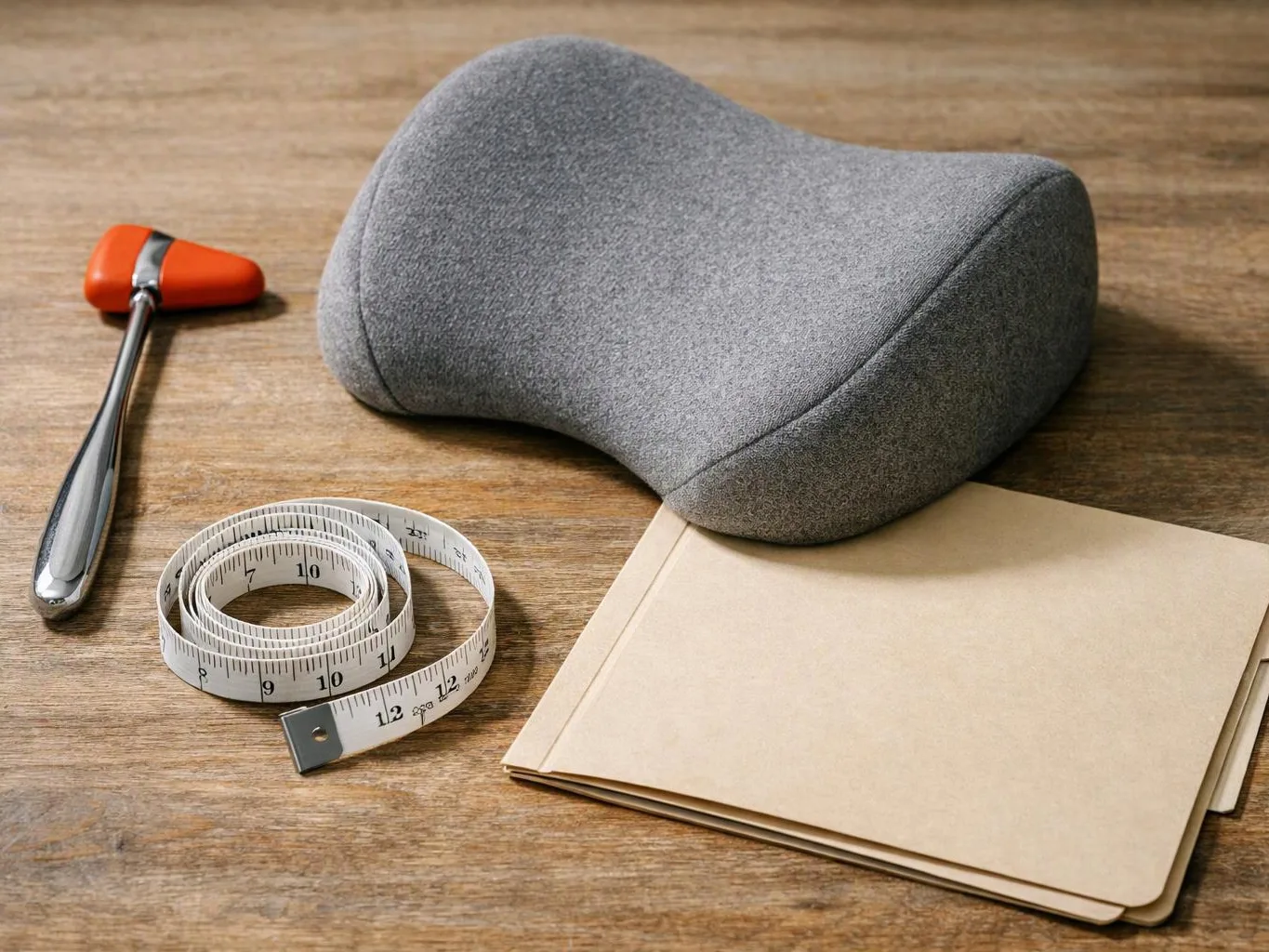 A gray neck pillow sits beside a measuring tape, a metal reflex hammer, and folded papers on a wooden table