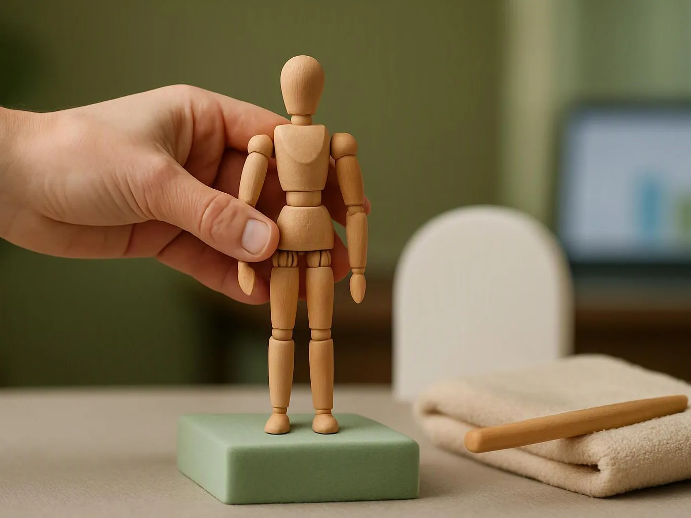 A hand adjusts a wooden mannequin on a green block beside folded towels and a blurred screen