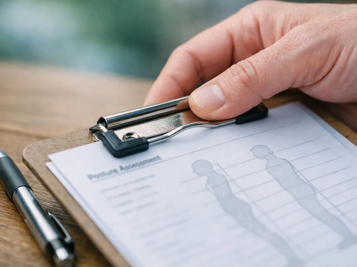 A hand clips a paper form on a clipboard beside a pen on a wooden table
