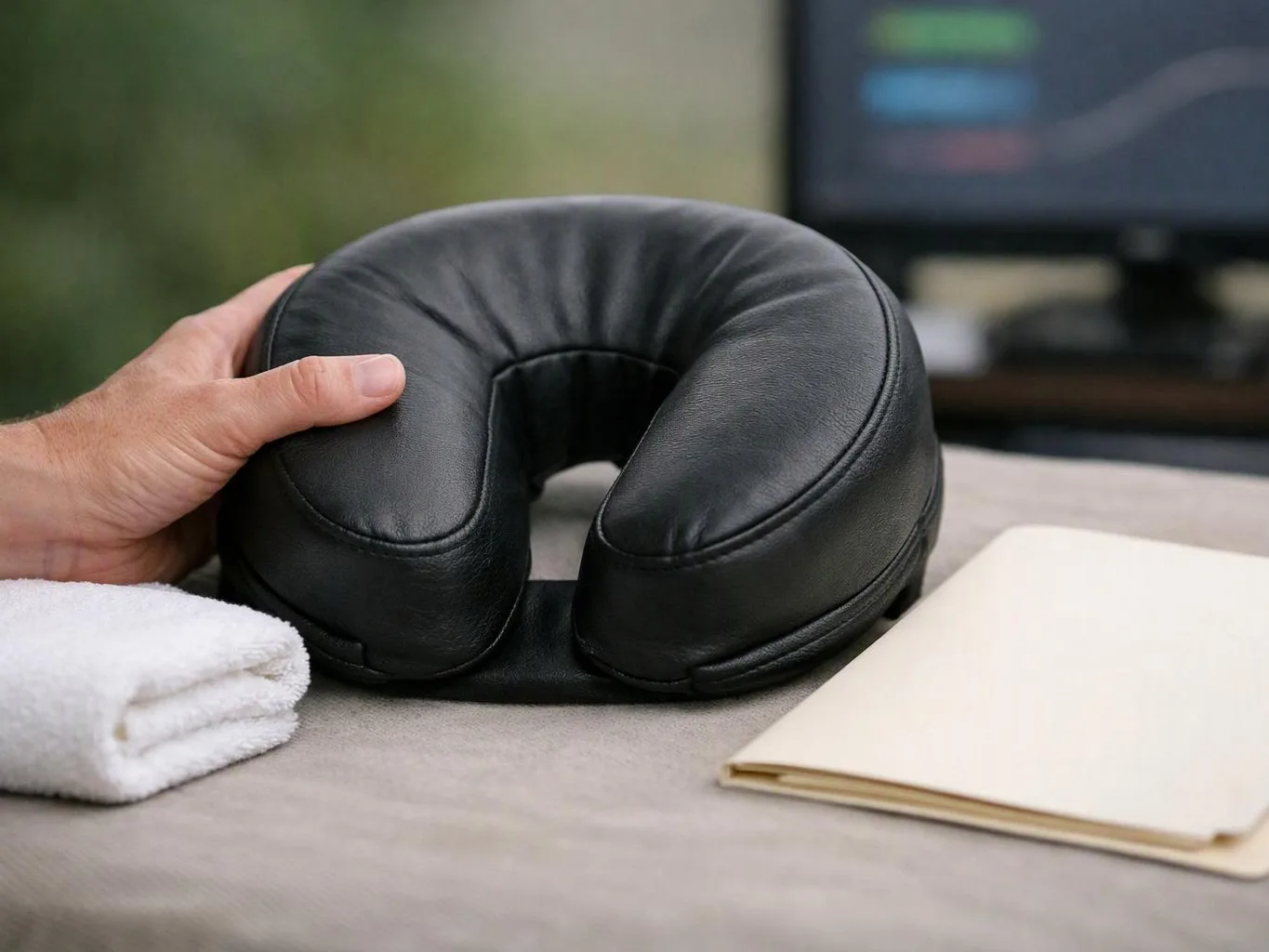 A hand holds a black U-shaped neck pillow on a tabletop beside a rolled towel and an open notebook