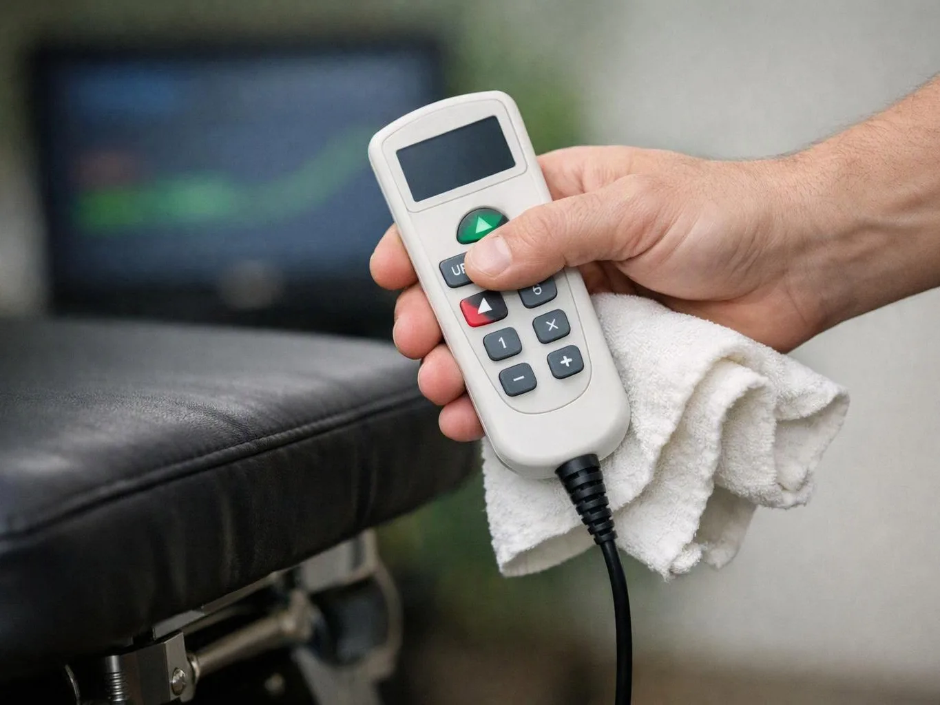 A hand holds a corded remote over a black padded surface, with a folded white cloth tucked underneath
