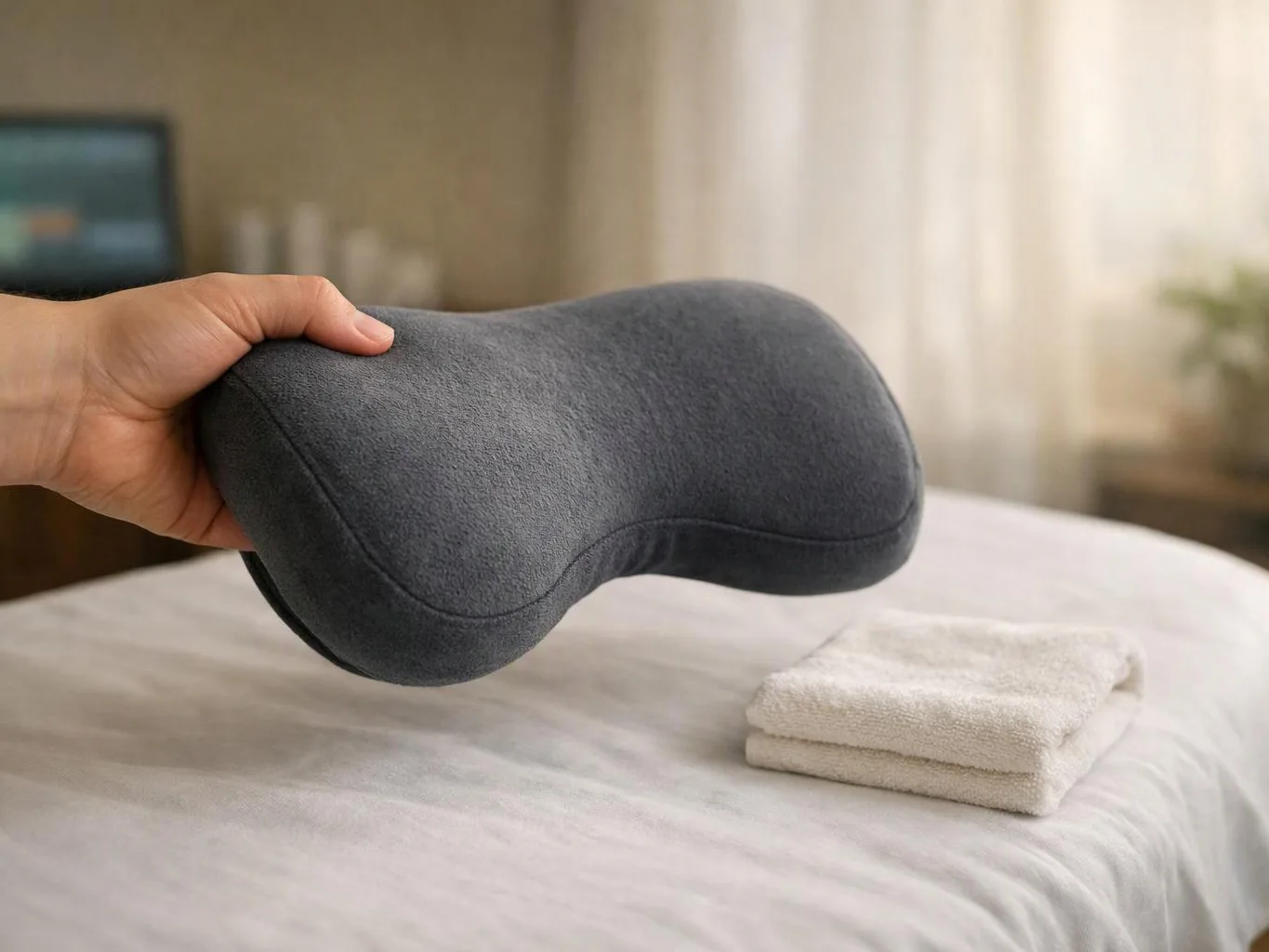 A hand holds a gray contoured neck pillow above a bed beside folded white towels