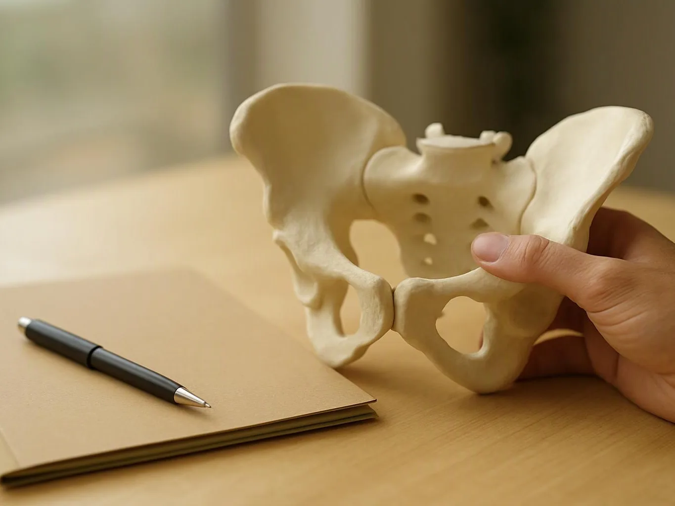A hand holds a pelvic bone model beside a pen and notebook on a wooden table