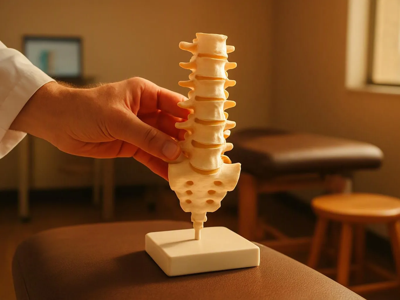 A hand holds a small spine model above a base in a warm clinic room