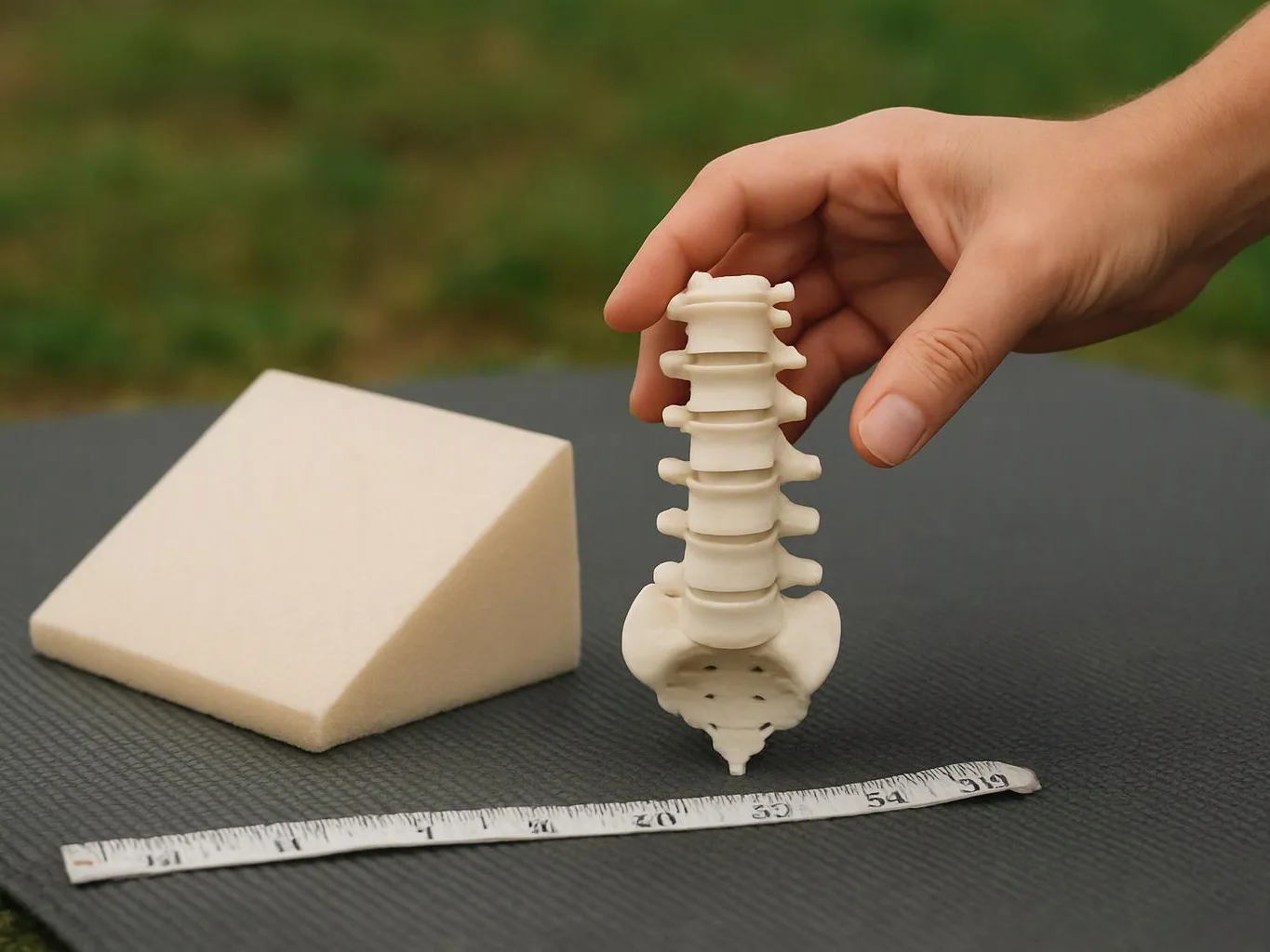 A hand holds a small spine model beside a foam wedge and measuring tape on a mat