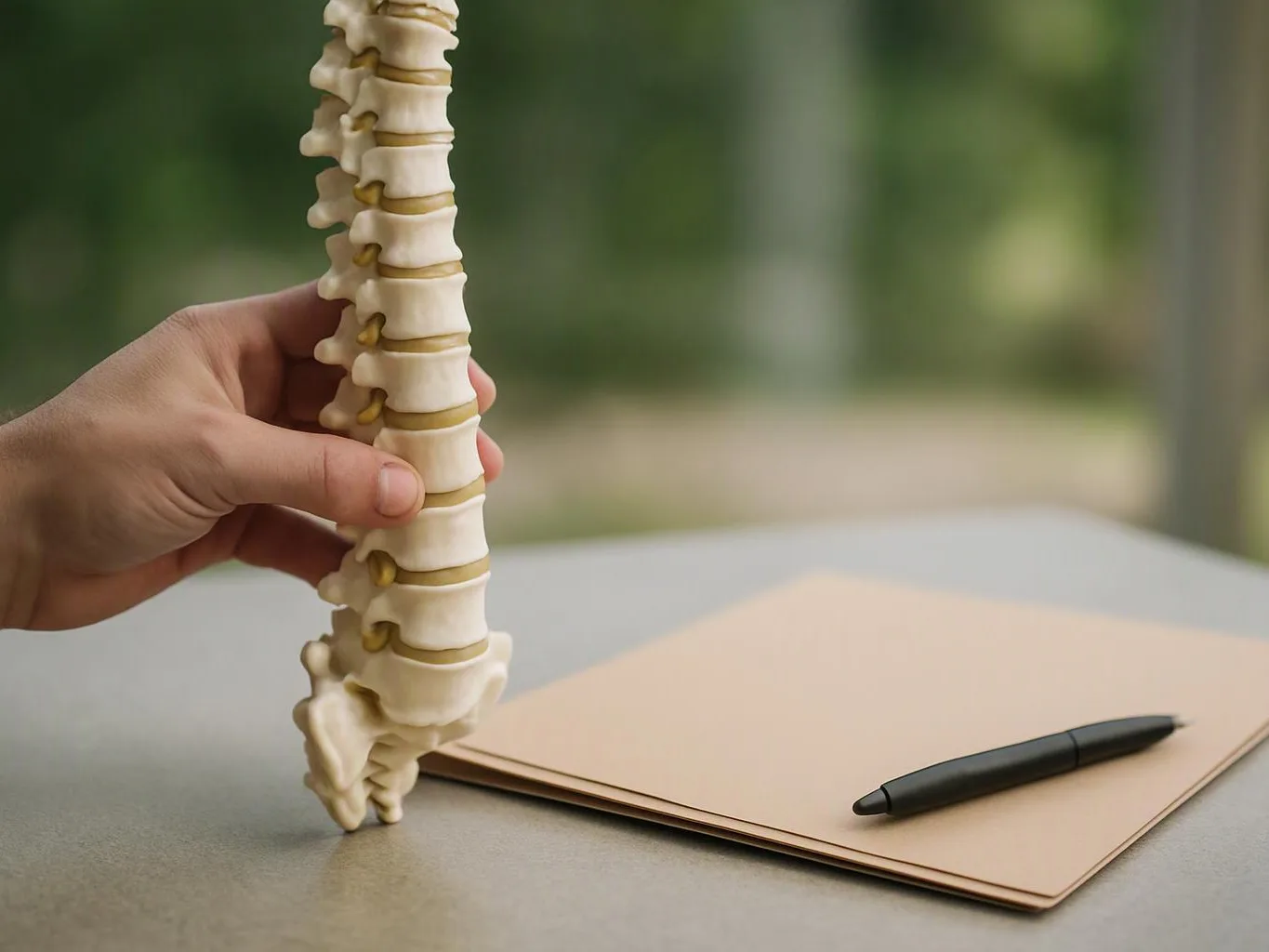 A hand holds a small spine model beside a folder and pen on a table