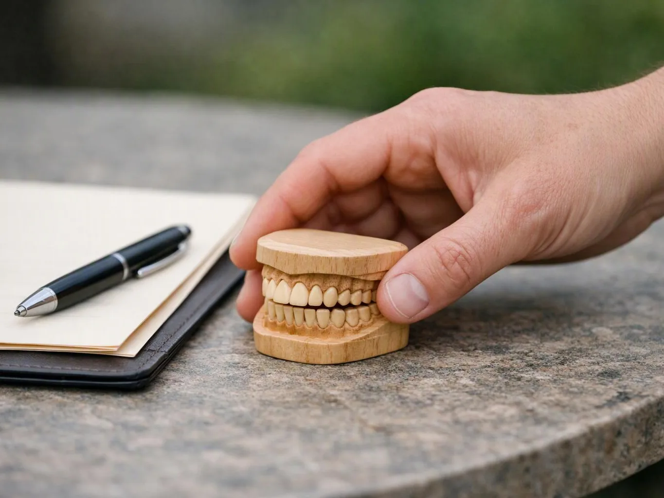 A hand holds a small wooden tooth model beside a pen and notebook on a stone table