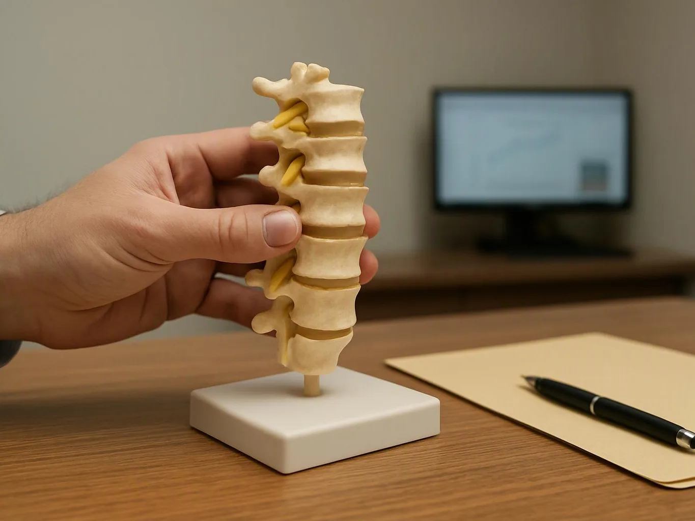 A hand holds a spine model on a desk beside a pen, paper, and blurred monitor