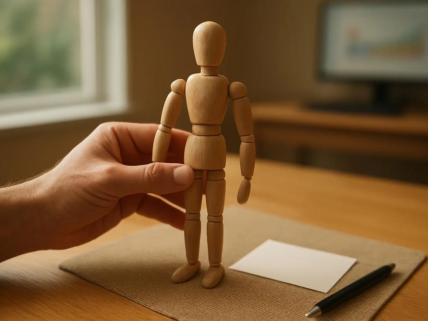 A hand holds a wooden mannequin beside a blank card and pen on a desk near a window