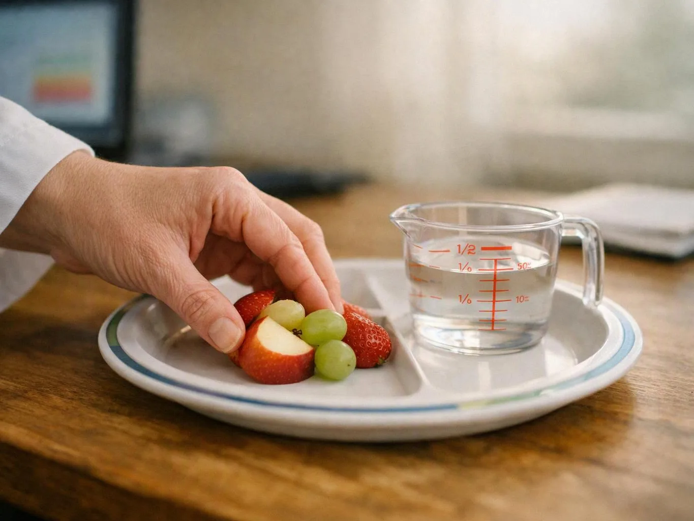 A hand places sliced strawberries and grapes on a divided plate beside a measuring cup of water on a wooden table