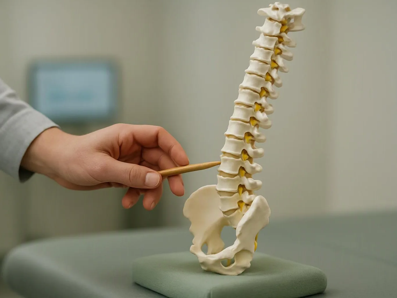 A hand points with a pencil at a spine model on a table in a clinic room